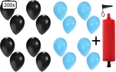 200x Ballonnen zwart en lichtblauw + ballonpomp - Ballon carnaval festival feest party verjaardag landen helium lucht thema