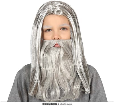 Fiestas Guirca - Pruik Tovenaar grijs met baard (kindermaat) - Halloween Pruik - Halloween accessoires - Halloween outfit - Pruiken - enge pruiken