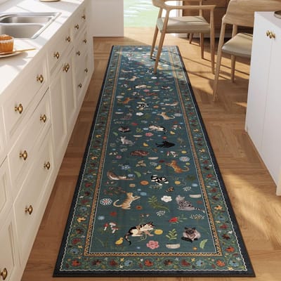 Vintage Kat Runner Kleed Kleurrijk Kitten Bloemenprint Tapijt Huisdecoratie Antislip Dieren Vloermat voor Hal Entree Slaapkamer 40X120CM gray