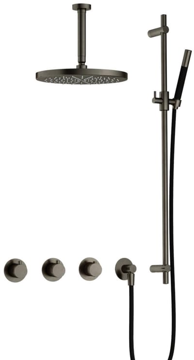 Hotbath Cobber IBS70 inbouw regendoucheset met staafhanddouche aan glijstang en 30cm ronde hoofddouche aan 15cm plafondarm verouderd ijzer