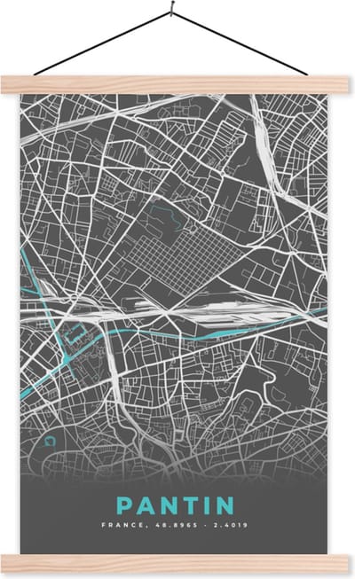 Posterhanger incl. Poster 40x60 cm - Schoolplaat - Pantin - Frankrijk - Plattegrond - Stadskaart - Kaart - Textielposter - Blanke latten - Stadskaart