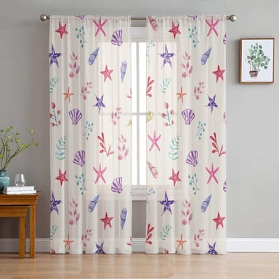 Bloemen Bladeren Verloop Schelpen Zeester Slaapkamer Transparante Dunne Gordijnen Vakantiedecoratie Raam Voile Tule Gordijn 135W x 114H(cm) white