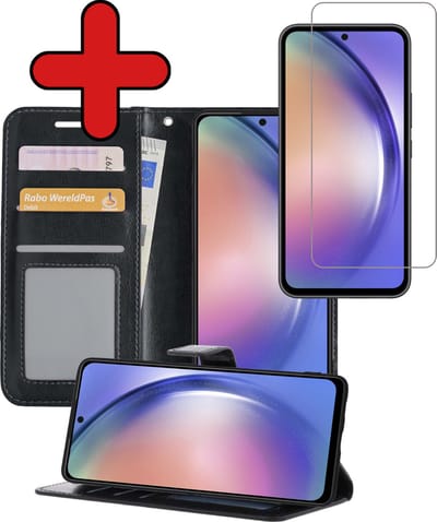 Hoesje - Met Screenprotector - Geschikt voor Samsung Galaxy A54 - Luxe Pasjeshouder - Flipcase - Bookcase Portemonee - Flip Case - Kunstleer Book Case - Book Cover - Walletcase - Portemonneehoes - Telefoonhoes - Zwart