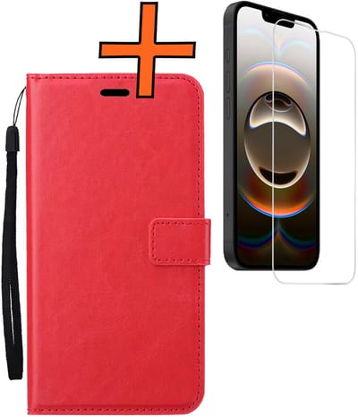 Hoes - Met Screenprotector - Geschikt voor Apple iPhone 16e - Luxe Pasjeshouder - Bookcase Portemonee - Flip Case - Kunstleer Book Case - Flipcase - Book Cover - Walletcase - PortemonneeHoes - Rood
