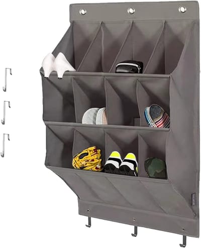 Hangende schoenenzakken - Schoenenopberger - Schoenenzakken - Opberger achter de deur - Schoenenrek achter de deur - Hangend - 12 diepe vakken - Organizer - Hangend schoenenrek met drie niveaus - Schoenenorganizer achter de deur-Muurbevestiging-Grijs