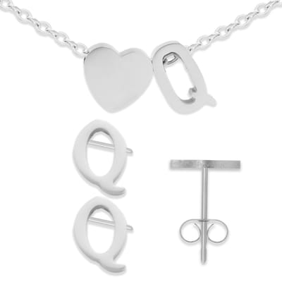 Initiaal Armband & Oorbellen set met Letter Q Zilverkleurig - Stainless Steel - Met letter & Hartje! - 2x Sieraden Cadeau - Pax Amare