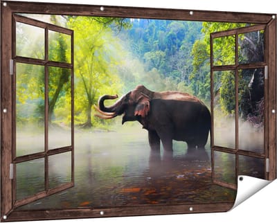 Gards Tuinposter Doorkijk Olifant in het Water - 150x100 cm - Tuindoek - Tuindecoratie - Wanddecoratie buiten - Tuinschilderij