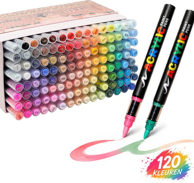 Elura® Art 120 Acrylstiften Set – Brush Tip – Dekkend & Watervast – Voor Steen, Glas, Hout & Canvas – Inclusief Kleurkaart