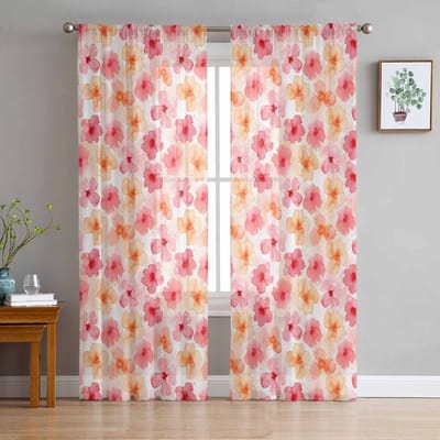 Roze Geel Aquarel Bloemen Textuur Raam Tule Gordijnen voor Woonkamer Slaapkamer Hotel Luxe Decoratie Transparante Gordijnen 135W x 114H(cm) white