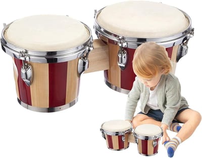 Houten Bongo Trommels - Percussie Instrument - Muzikaal Ontdekken - Bevordert Ontwikkeling - 6 en 7 Inch - Rood en Wit