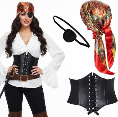 Drie-delige Piratenkostuum Accessoires voor Vrouwen met Corset, Hoofdband en Ooglapje voor Halloween en Carnaval Cosplay