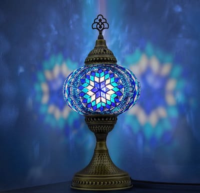 Mozaiek Lamp - handgemaakt nachtlampje - 1 stuk - blauw en messing basis