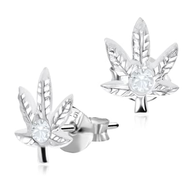 Joy|S - Zilveren wietblad oorbellen - 7.5 x 9 mm - kristal - oorknoppen