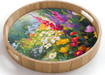 Dienblad rond 40x40 cm - Schootdienblad hout - Zomertuin - Sfeervol - Bloemen - Borrelplank rechthoek - Plateau houten dienbladen