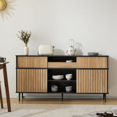 Sweiko Dressoir met 4 schuifdeuren en 1 lade, eiken en zwart, 160 x 40 x 80cm