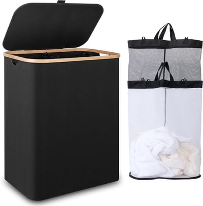REN® Wasmand 2 Vakken - Wasmand - Wassorteerder - Zwart - 57cm x 37cm x 70cm