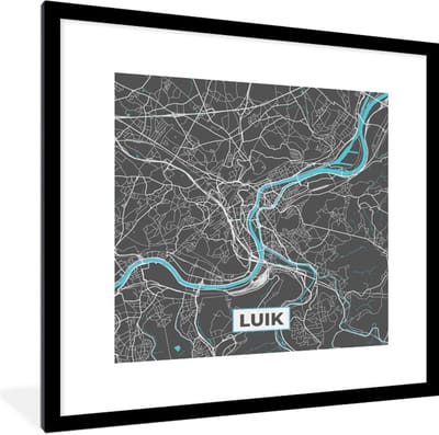 Fotolijst incl. Poster - België – Luik – Stadskaart – Kaart – Blauw – Plattegrond - 40x40 cm - Posterlijst
