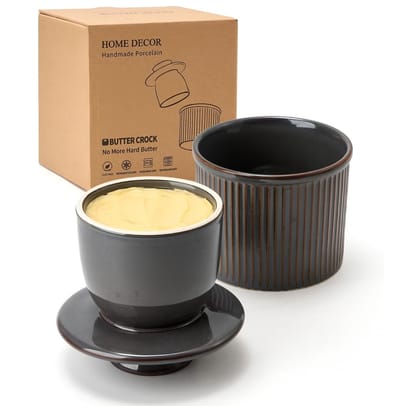 Dailygoods- Boterkruik Grote Franse Botervloot met Deksel - Keramische Boterhouder - Reactief Glazuur - Gestreept - 6/8.7 OZ Capaciteit - Paars-Bruin Kleurenspel