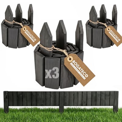 BOGATECO Set van 3 houten rolborderranden met houten latten | Oprolbaar hek 10 cm hoog en 112 cm lang | Houten hek | Staanderhek Perfect als bedrand of padafscheiding | Antraciet