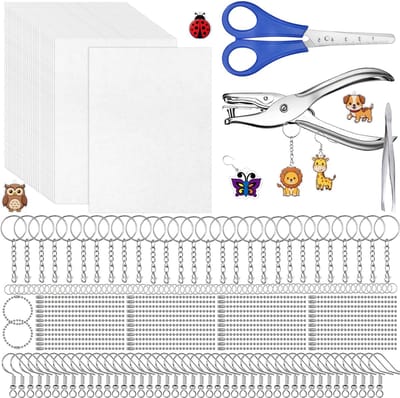 185-Delig Krimpfolie Knutselpakket - 15 Krimp Folie Vellen 15*11cm met Oorbel Haakjes/Sleutelringen/Gaatjestang/Hangers - Krimpie Dinkie Dimpie Knutselen Pakket voor Jongens/Meisjes - Sieraden/Oorbellen/Sleutelhangers Maken Knutselset