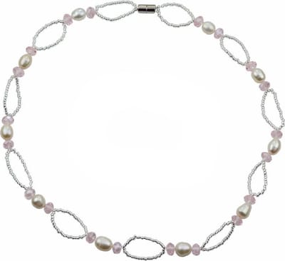 Zoetwater parel ketting Rocio - echte parels - wit - roze - zilver - magneetslot - glaskristallen - sieraden zakje - parelketting dames