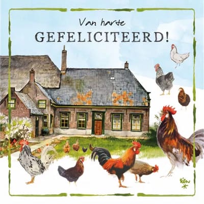 Rien Poortvliet Wenskaart Van harte GEFELICITEERD! – Kippen en Boerderij – 13,5 x 13,5 cm