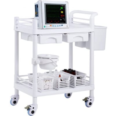VEVOR 2-laags laboratoriumtrolley, laboratoriumtrolley met 2 schappen, 2 lades en 4 stille wielen, mobiele medische trolley gemaakt van PP-materiaal, laboratoriumtrolley met 3 afvalbakken voor laboratorium, kliniek, ziekenhuis, salon, wit