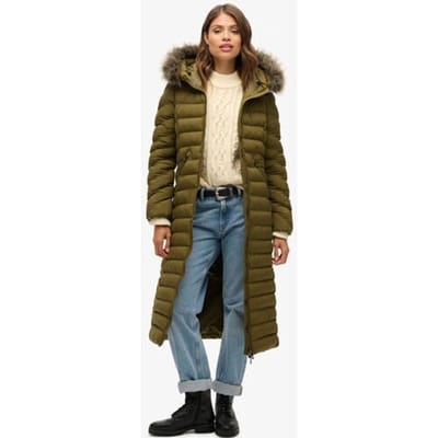 Superdry Lange Fuji-jas met Capuchon van Imitatiebont Groen Grootte: 44