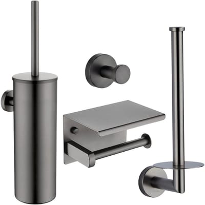 Toiletaccessoireset Gun Metal 4-delig - Toiletborstelhouder - Toiletrolhouder met plankje - Handdoekhaak - Reserverolhouder - Geborsteld Gunmetal PVD