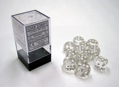 Chessex doorschijnend helder/wit D6 16mm Dobbelsteenset (12 stuks)