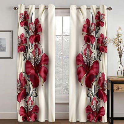 Rode Roos Bloem Witte Zwaan 3D Design Luxe Raamgordijnen voor Meisjes Woonkamer Slaapkamer Huisdecoratie 2 Stuks Gratis Verzending W60H150(CM)x2PCS&Grommet Top gray