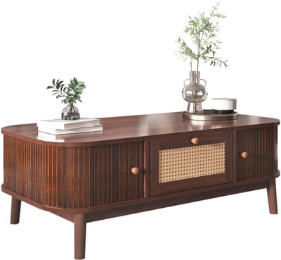 Salontafel met Schuifdeuren - Rotan en Hout - Landelijke Stijl - Woonkamer - Natuurlijk Walnoot