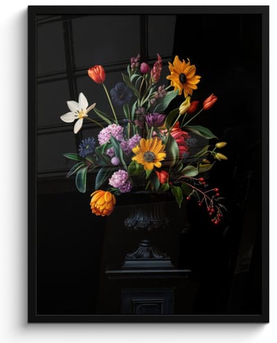 Poster in lijst - Fotolijst 50x70 cm - Posters - Zonnebloemen - Boeket - Kleurrijk - Posterlijst zwart - Decoratie - Wanddecoratie woonkamer - Muurdecoratie slaapkamer