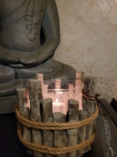 Grijze Pot Nepal 15x13 cm Beton Bamboe Oosterse stijl met Glas