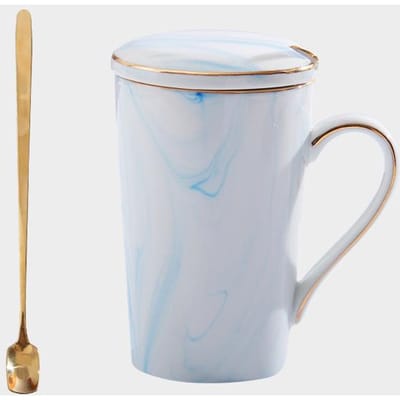 Marmeren Mok met Deksel en Lepel Koffie Zelfroerende Mok 12OZ Keramische Marmeren Kop Mok voor Café of Thee Keuze 301-400ml white