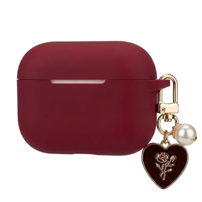 Rood hoesje voor oordopjes dames met decoratieve hanger en goudkleurige roos geschikt voor AirPods Pro 2 met effen ontwerp en clip