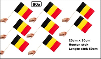 60x Luxe Zwaaivlaggetjes op stok Belgie 20cm x 30cm - lengte stok 50cm - Zwaai vlaggetjes EK WK thema feest voetbal festival Belgium uitdeel