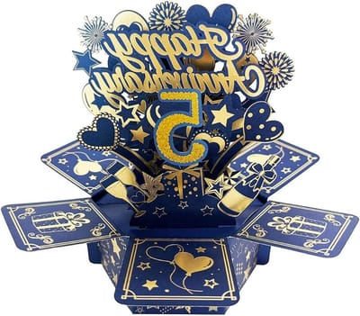 Vijfde Huwelijksverjaardag Pop-Up Wenskaart, Groot 3D Cadeau voor Echtpaar, Perfecte Verjaardagscadeau Idee voor Samen, Blauw