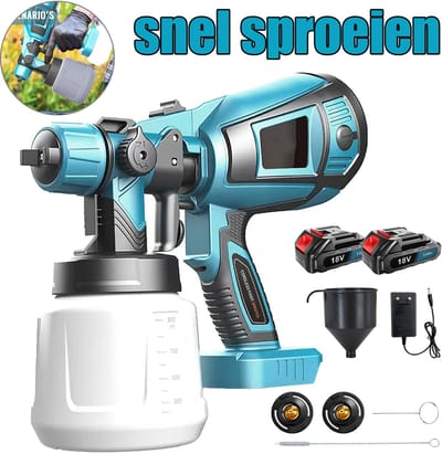 Draadloze verfspuit met accu, 2x 3,0 Ah 18V accu, elektrische verfspuit, 3 sproeiers, instelbare spuitbreedte en debietregeling, handzame HVLP-verfspuit voor het schilderen van meubels en kasten.