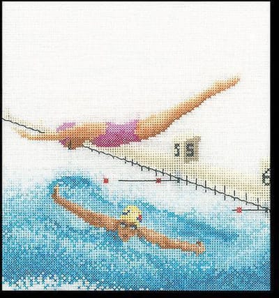 Thea Gouverneur - Borduurpakket met telpatroon - 3036A - Voorgesorteerde DMC Garens - Zwemmen - Aida - 16 cm x 17 cm - DIY Kit
