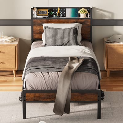 KUTAS Metalen Bed 90x200 cm - Eenpersoonsbed - Bedframe Met LED-verlichting en USB-oplaadstation - Metalen Bed Met Metalen Frame - Zonder matras - Bedframe Met Opbergruimte Onder de Matras