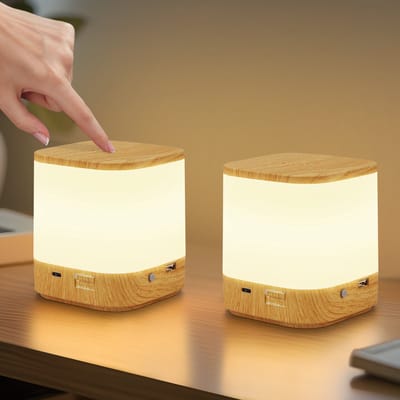 NETTLIFE Tafellamp LED - 2 Stuks - Oplaadbaar Nachtlamp - hout - 1800 mAh op batterijen - Touch dimbaar - USB Oplaadbaar - 3 kleurtemperaturen - met timerfunctie en nachtlampje
