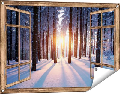 Gards Tuinposter Doorkijk Bos met Sneeuw tijdens de Zonsondergang - 90x60 cm - Tuindoek - Tuindecoratie - Wanddecoratie buiten - Tuinschilderij