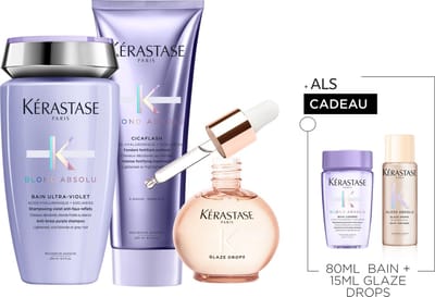 Kérastase Blond Absolu & Gloss Absolu Trio + 2 Cadeau's - Shampoo 250ml, Conditioner 250ml & Glaze Drops Anti-Frizz Haarolie 45ml + Shampoo 80ml & Haarolie 15ml Cadeau – Verzorging voor ontkleurd/gehighlight blond, pluizig haar
