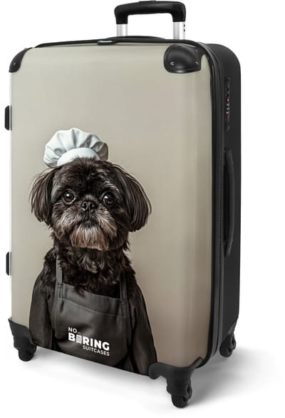 NoBoringSuitcases.com® - Koffer groot - Rolkoffer lichtgewicht - Beige - Zwarte hond met koksmuts - Reiskoffer met 4 wielen - Grote reis trolley XL - Luggage suitcase - Hardcase reistrolley medium - 20 kg bagage