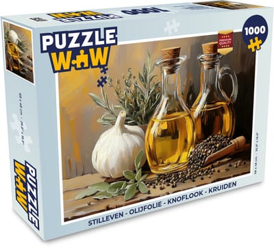 Puzzel Stilleven - Olijfolie - Knoflook - Kruiden - Legpuzzel - Puzzel 1000 stukjes volwassenen