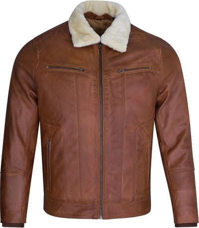 Urban 5884® -Hugo - Heren winterjas - bontkraag - Lams Leer - Brandy -Cognac - Maat S