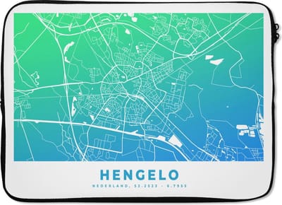 Laptophoes 13 inch - Stadskaart - Hengelo - Blauw - Nederland - Laptop sleeve - Binnenmaat 32x22,5 cm - Zwarte achterkant