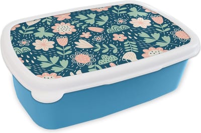 Broodtrommel Blauw - Lunchbox - Brooddoos - Bloemen - Patroon - Planten - 18x12x6 cm - Kinderen - Jongen