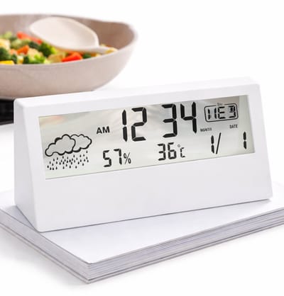 Digitale Bureauklok met Weerstation – LCD Wekker met Thermometer & Hygrometer – Binnen Weerbericht – Batterijgevoed – Wit